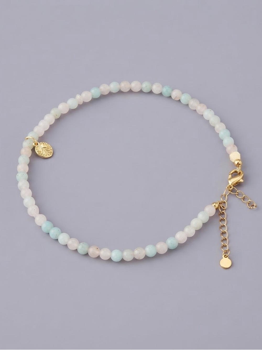 Natural Gemstone Beaded Anklet Amazonite & Rose Quartz Gold Tone